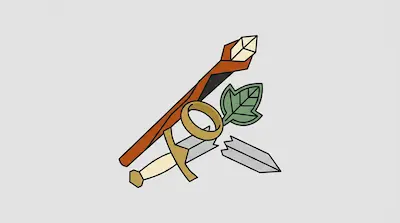 A staff with a crystal tip, a green leaf, a gold ring, and a broken sword.