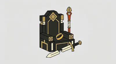 A black and gold throne with a gold ring on the seat, a staff behind it, and a broken sword in front.