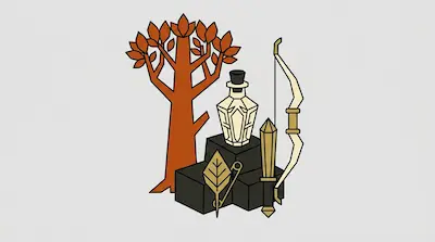 A collection of stylized fantasy items including a brown tree, a white potion bottle, a golden dagger, and a white bow.