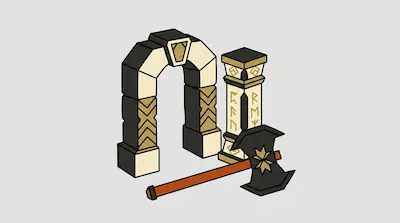 A stylized stone archway and pillar decorated with gold patterns and runes stand behind a double-headed axe.