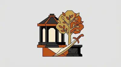 A stylized gazebo, an autumn tree, and a curved sword leaning against a stone pedestal.