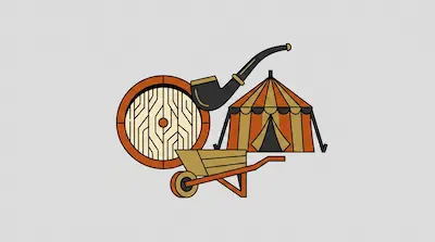 A round wooden door, a smoking pipe, a striped circus tent, and a wheelbarrow.