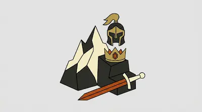 A stylized mountain, a Spartan helmet, a gold crown, and a sword.