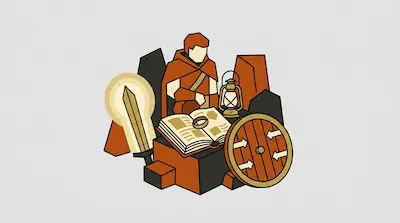 A cloaked figure stands behind an open book, a lantern, a wooden shield, and a glowing sword.