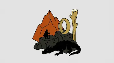 An orange mountain, a gold ring, and a wooden staff stand behind black silhouettes of a person and a dragon.