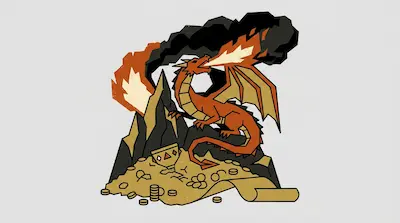 An orange dragon breathes fire and smoke while perched on a mountain above a pile of gold coins and treasure.