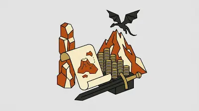 A black dragon flies over a mountain peak next to stacks of gold coins, a treasure map, and a sword.