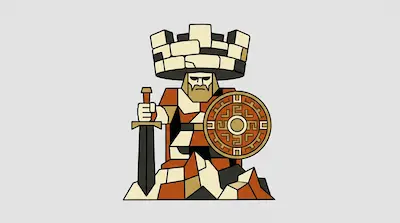 A blocky, stylized warrior figure with a stone crown, holding a sword and a round shield with geometric patterns.