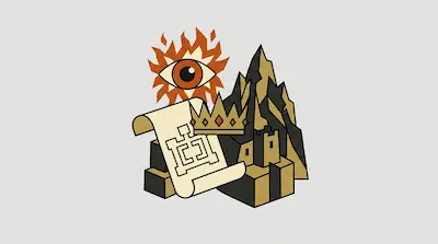 A flaming eye, a jagged mountain, a gold crown, and a scroll with a geometric pattern.