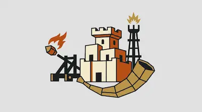 A stylized graphic featuring a catapult, a tiered castle, an oil derrick, and a large horn.