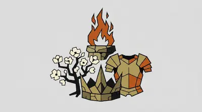 A flowering tree, a flaming torch, a crown, and a suit of armor in a stylized, geometric design.