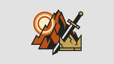 A sun with concentric rings rises behind jagged mountains next to a sword and a crown.