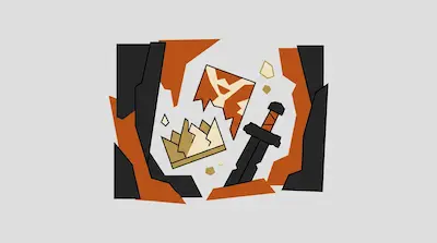 A broken crown, a tattered banner, and a sword are surrounded by jagged black and orange shapes in a geometric style.