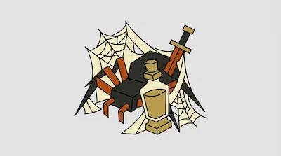 A black and orange spider with a sword in its back, surrounded by spiderwebs and a potion bottle.