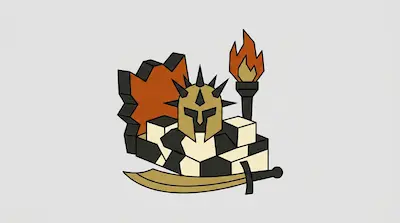 A blocky character with a checkered body wearing a spiked golden helmet, with a curved sword in front and a flaming torch behind.