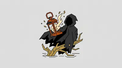 A hooded figure in a tattered black cloak holds a glowing orange lantern above tan branches.
