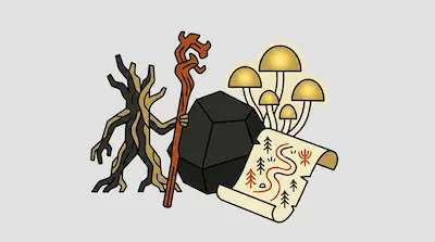 A tree-like figure holding a staff stands behind a large black polyhedral die, glowing golden mushrooms, and a map.