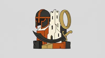 A dark helmet with orange trim, a white tower, a gold ring, and a curved sword are grouped together.