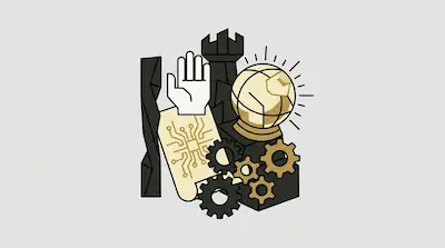 A white hand, a circuit board pattern on a scroll, a chess rook, a globe, and several gears are grouped together in a minimalist graphic.