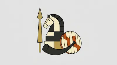 A stylized chess knight piece stands between a gold spear and a round shield, with a curved black horn in the foreground.
