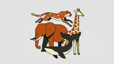 A leaping cheetah, an elephant, a giraffe, and a whale in a stylized, minimalist design.