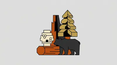 A minimalist, geometric scene featuring a black bear, a log, a beehive, and a stylized evergreen tree against a mountain backdrop.