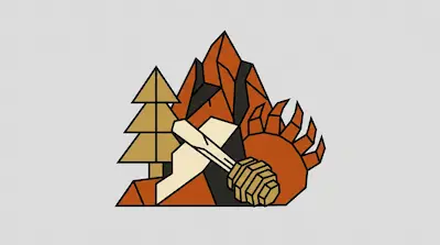 A geometric, low-poly design of a bear's head composed of a mountain, a pine tree, and a honey dipper.