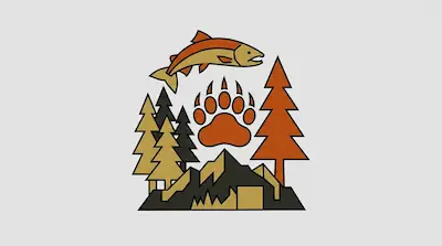 A stylized nature graphic featuring a leaping fish, a bear paw print, evergreen trees, and mountain peaks in orange, tan, and black.