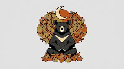 A moon bear with a cream chest crescent sitting in a tree beside autumn leaves, a crescent moon, and a cluster of acorns on a light gray background