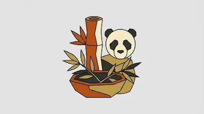 A stylized, geometric panda and bamboo plant in earth tones.