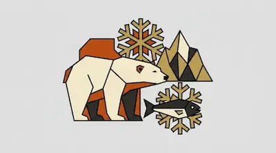 A geometric polar bear, two snowflakes, a fish, and mountains rendered in cream, orange, and gold with thick black outlines.