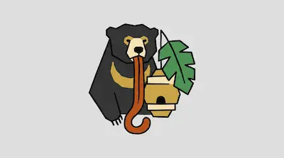 A sun bear with a long orange tongue extended toward a beehive and a green leaf.