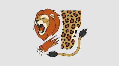 A stylized illustration of a roaring lion's head, a clawed paw, a leopard-spotted shape, and a lion's tail.