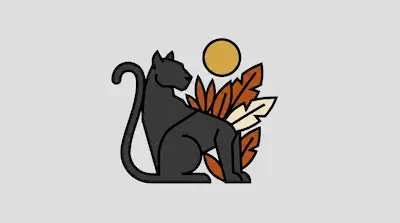 Flat illustration of a black panther sitting among orange leaves under a yellow sun on a light gray background