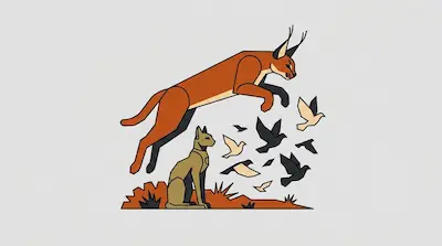 A sleek reddish-tan caracal mid-leap with long black ear tufts beside an Egyptian bronze cat figurine, scattering pigeons, and a desert scrubland silhouette on a light gray background