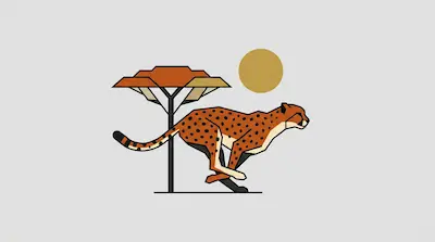 A geometric cheetah runs past a stylized tree under a golden sun.