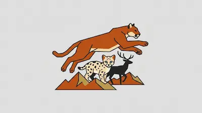 A muscular tawny cougar mid-leap with outstretched paws beside a spotted kitten with blue eyes, a deer silhouette, and a mountain range skyline on a light gray background.