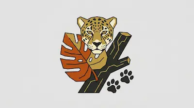 A stylized jaguar head centered above a large orange leaf, a dark branch with gold accents, and two black paw prints.