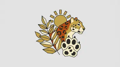 A stylized geometric design featuring a jaguar, a large paw print, a sun, and a leafy branch.