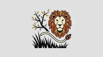 A geometric lion head is positioned next to a thorny branch and above a patch of tall grass.
