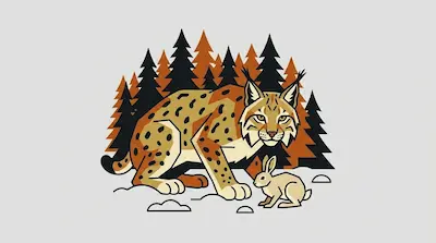 A Eurasian lynx with black ear tufts and a spotted coat crouching in snow beside large padded paws, a snowshoe hare, and a dense pine forest silhouette on a light gray background.