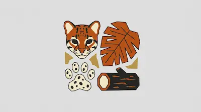 Flat illustration of an ocelot head, a spotted paw print, a tropical leaf, and a log on a light gray background