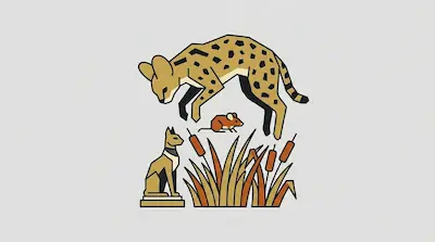 A spotted serval pouncing in tall grass beside an Egyptian cat figurine, a small rodent, and cattail reeds on a light gray background