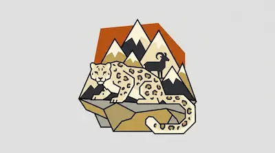 A thick-furred snow leopard with rosette spots crouching on a rocky mountain ledge beside a long curled tail, a Himalayan blue sheep silhouette, and snow-capped peaks on a light gray background.