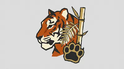 A stylized tiger head in profile next to a bamboo stalk, a leaf, and a paw print.