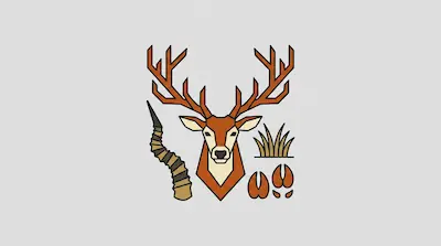Flat illustration of a geometric deer head with large antlers, a spiral horn, and hoof prints on a gray background