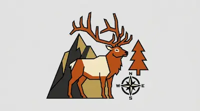 Flat illustration of an elk with large antlers standing by a mountain, a pine tree, and a compass on a gray background
