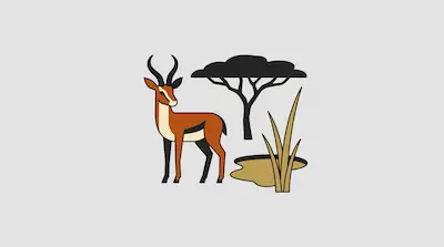 Flat illustration of an impala standing near a silhouetted acacia tree and tall grass on a light gray background
