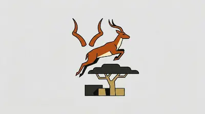 Flat illustration of a brown antelope leaping over a stylized acacia tree with large horns on a light gray background