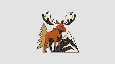 Flat illustration of a geometric brown moose with large antlers standing by a pine tree and a snowy mountain peak